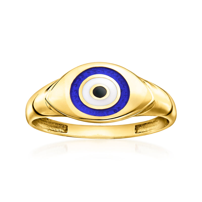 10kt yellow gold evil eye ring with blue enamel oval and white frame