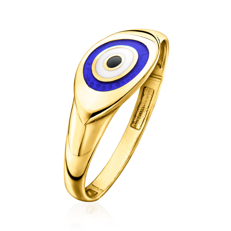 Yellow gold evil eye ring, angled view with blue and white enamel oval
