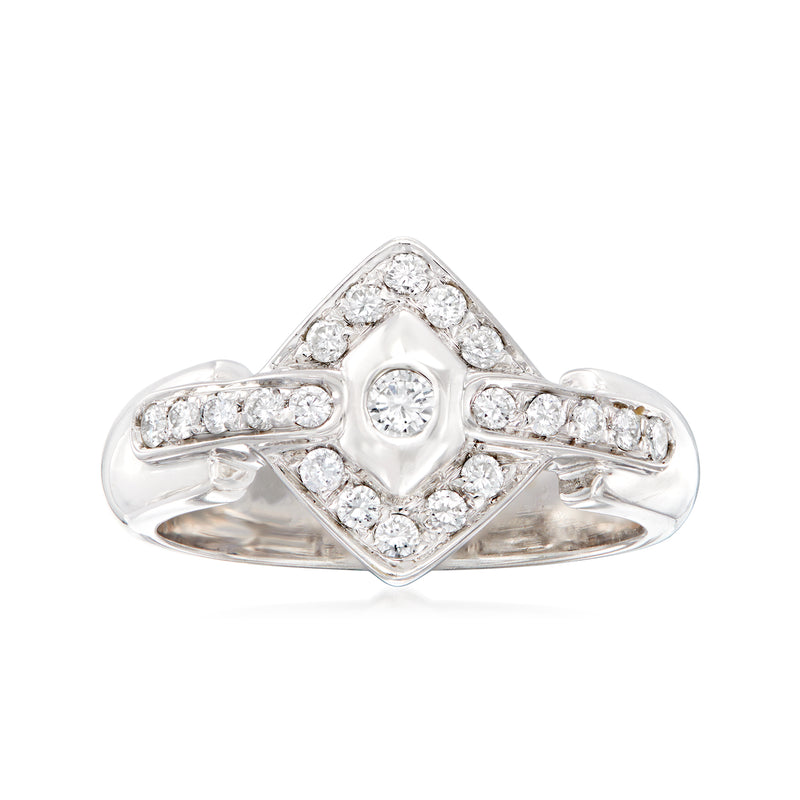 18kt white gold geometric diamond ring with round center stone and pave accents