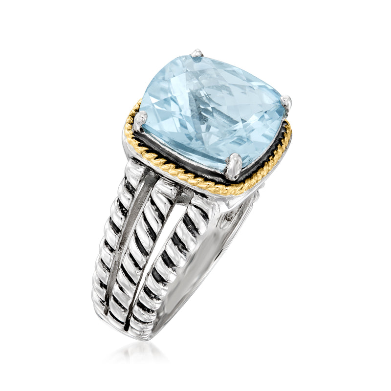 Sky blue topaz oval ring, side view, sterling silver band with gold-toned edge