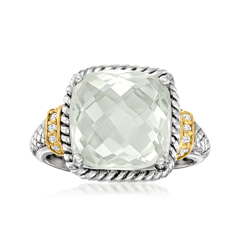 Sterling silver prasiolite ring with oval faceted stone, twisted band, yellow gold diamond accents