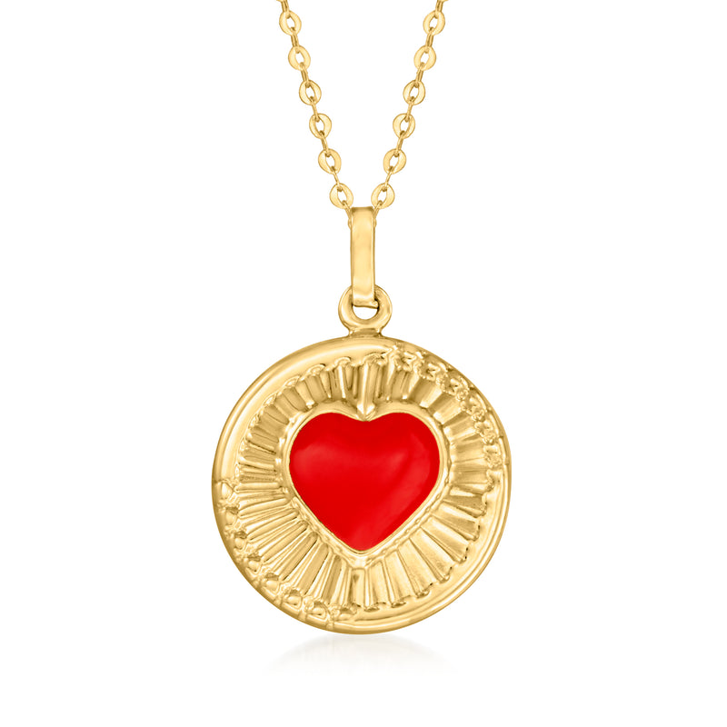 10kt yellow gold necklace with red enamel heart in round pendant
