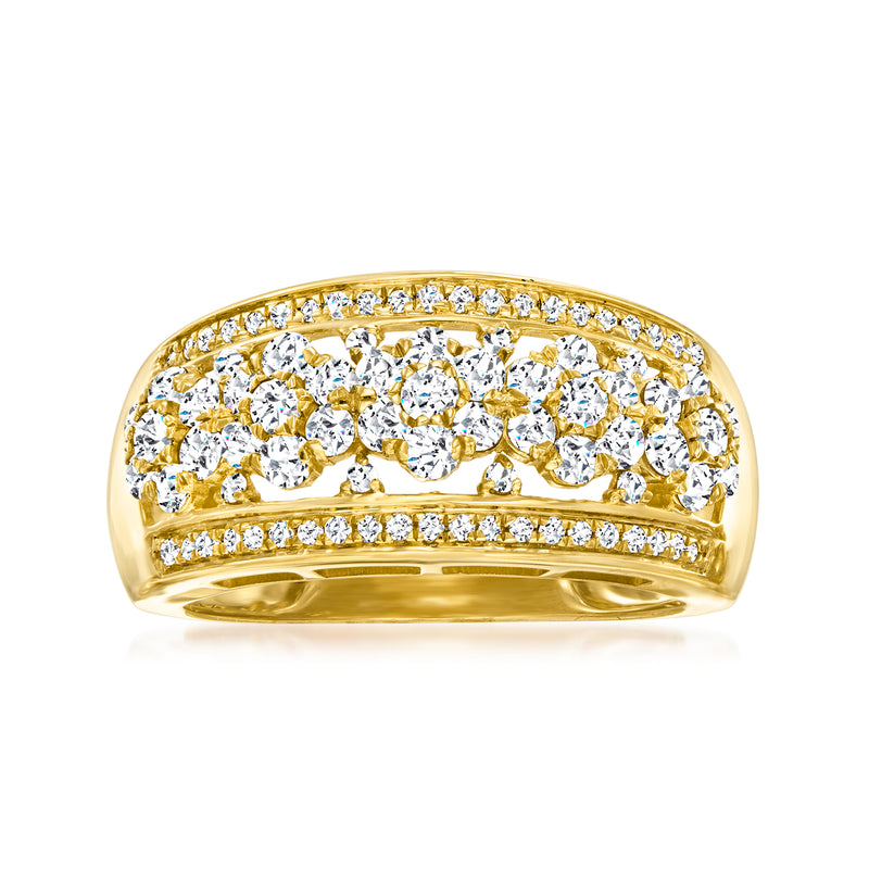 14kt yellow gold diamond flower ring with round brilliant stones across the top band