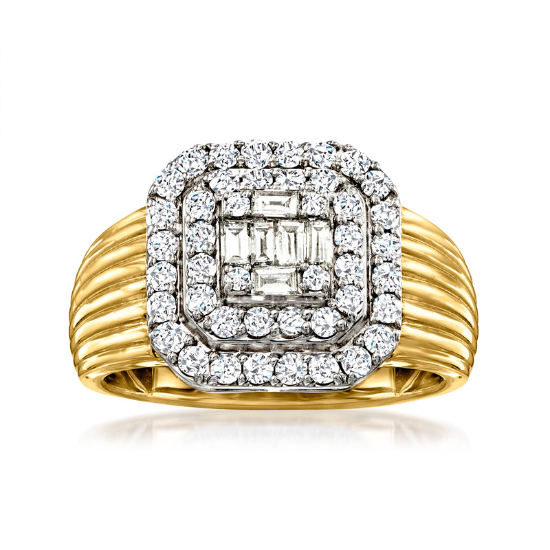 Two-tone gold diamond cluster ring with square center and round halo
