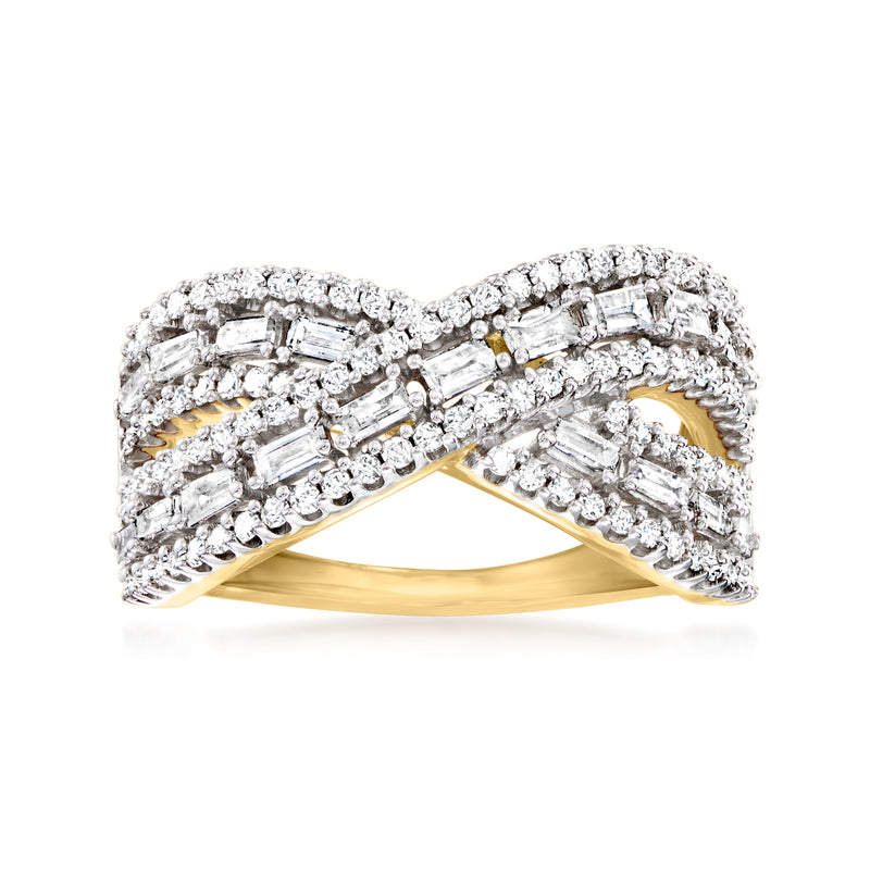 Diamond crisscross ring in 14kt yellow gold with baguette and round diamonds