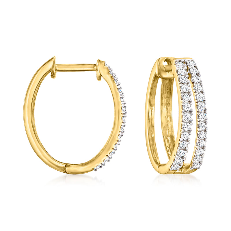 14kt yellow gold diamond hoop earrings, one hoop open with pavé diamonds