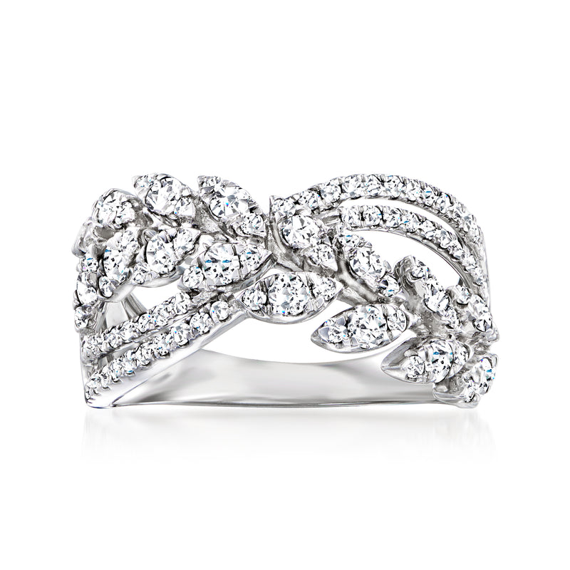 14kt white gold diamond leaf crossover ring with round and oval stones
