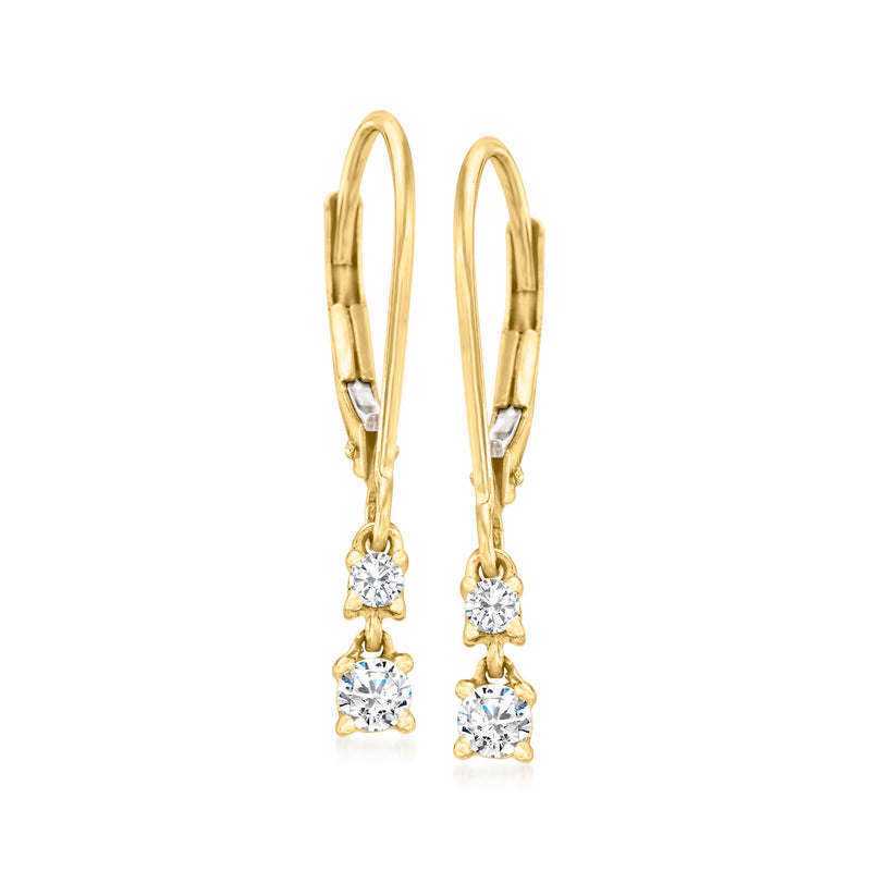 10kt yellow gold diamond drop leverback earrings with three round stones