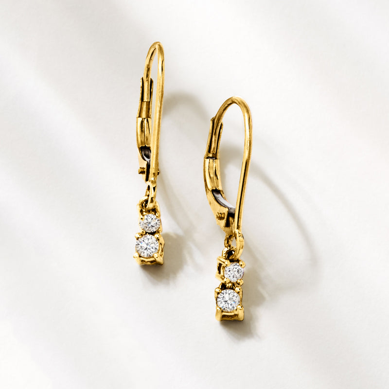 10kt yellow gold diamond drop leverback earrings, three round stones dangle