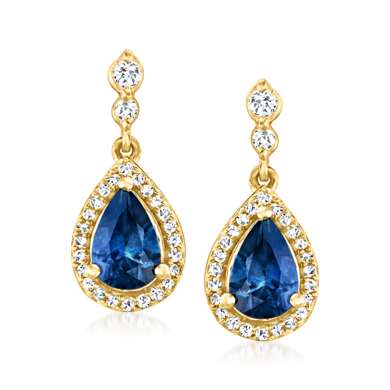 14kt yellow gold drop earrings with blue teardrop sapphire and diamond halo accents