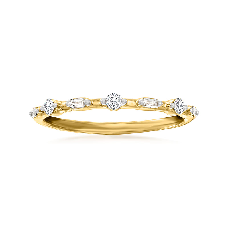 14kt yellow gold diamond ring with five round-cut stones across the band