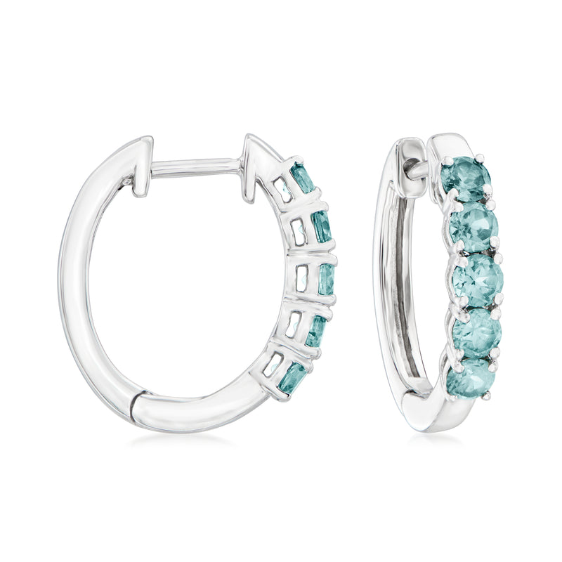 14kt white gold hoop earrings with blue-green sapphire-like stones