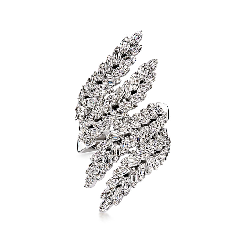 Diamond bypass ring in 14kt white gold with marquise and baguette stones
