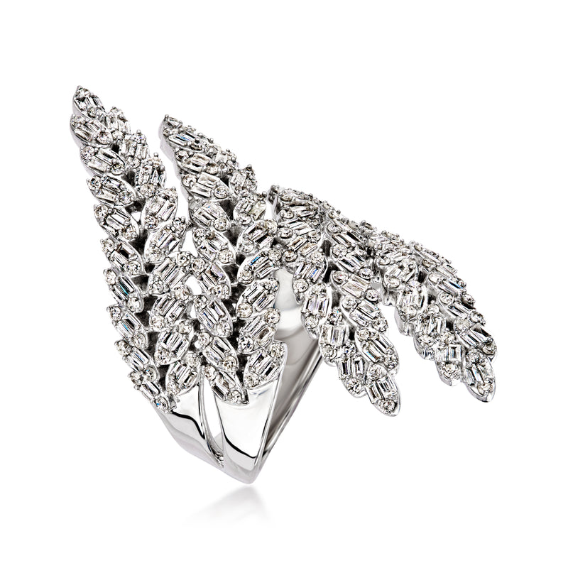 14kt white gold diamond bypass ring underside view, open split bands