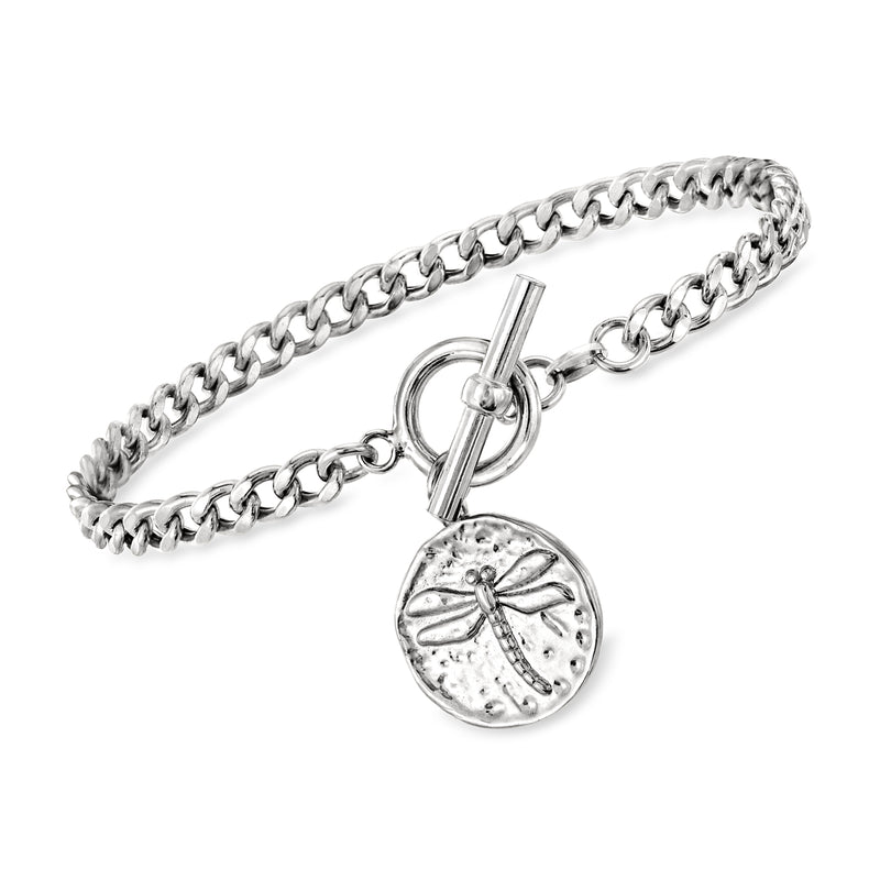 Sterling silver toggle bracelet with circular dragonfly charm and link chain