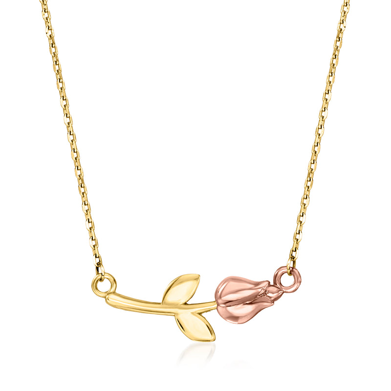 14kt two-tone gold rose necklace with leaf and rose-gold knot pendant