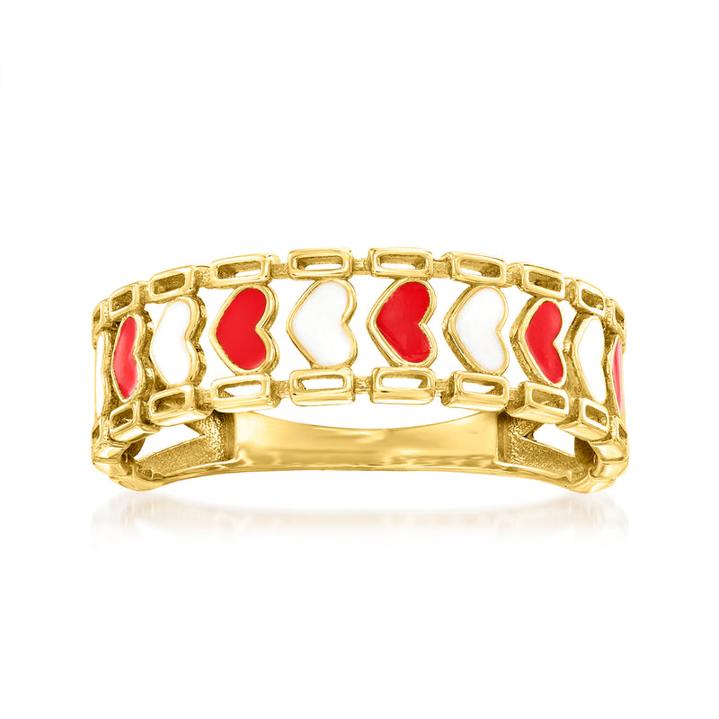 14kt yellow gold ring with red and white enamel heart link design