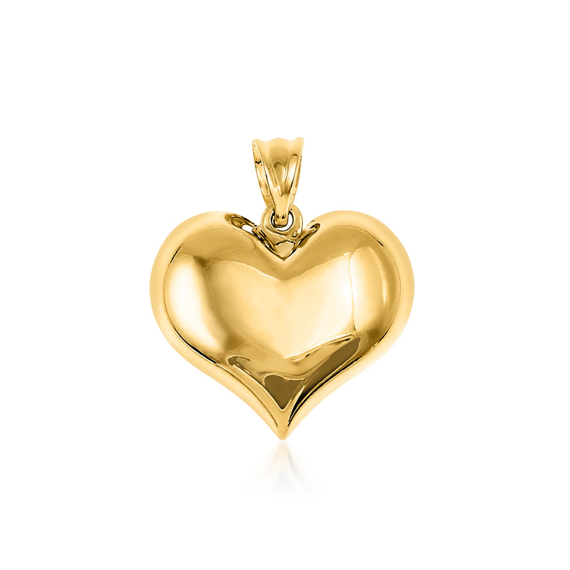 10kt yellow gold puffed heart pendant with polished shine and bail at top