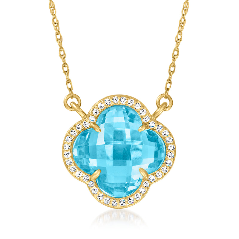 14kt yellow gold clover necklace with sky-blue topaz centerpiece and white topaz halo