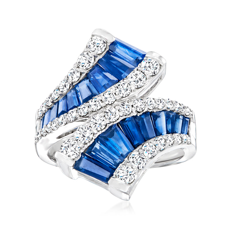 14kt white gold bypass ring with blue sapphire and diamond accents