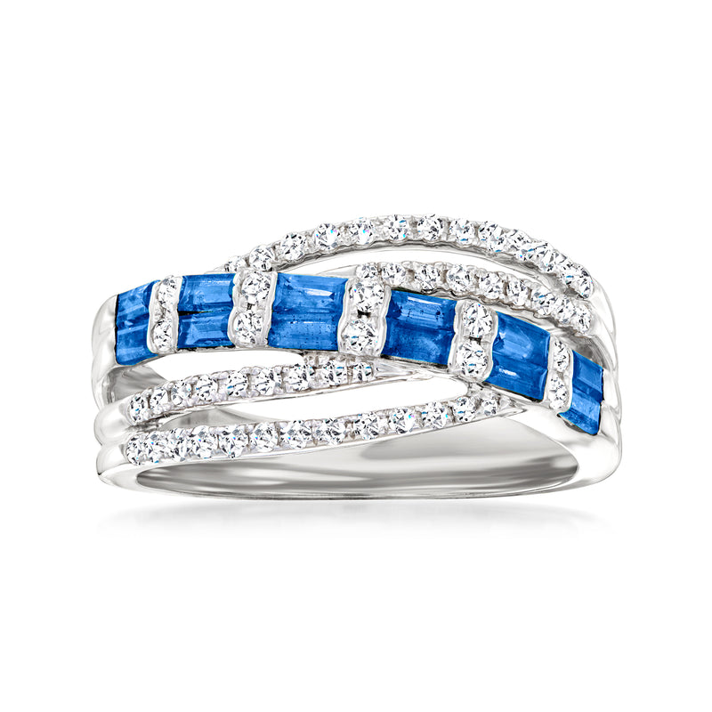 14kt white gold sapphire and diamond highway ring with blue square stones and clear accents