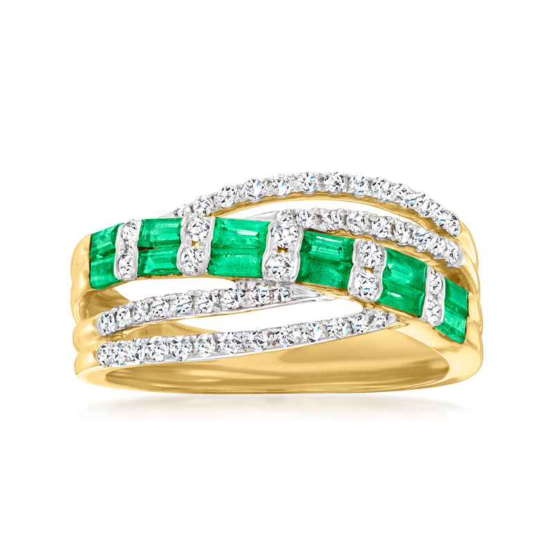 14kt yellow gold emerald-and-diamond highway ring with green center stones