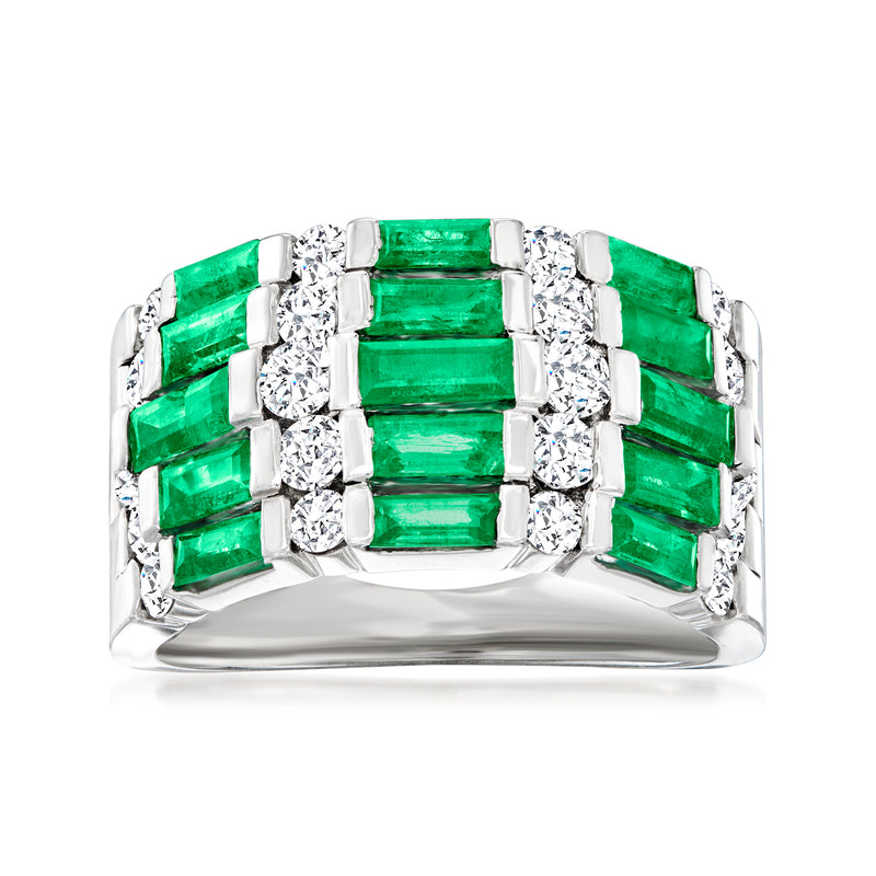 14kt white gold ring with central emerald-cut green gemstone and diamond accents