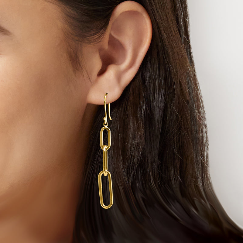 Yellow gold link drop earrings with graduated paper-clip links, shown on earwires