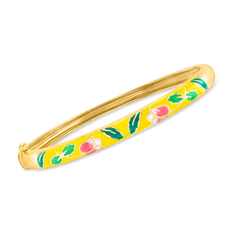 Gold-tone enamel floral bangle bracelet with yellow base and multicolor flowers.