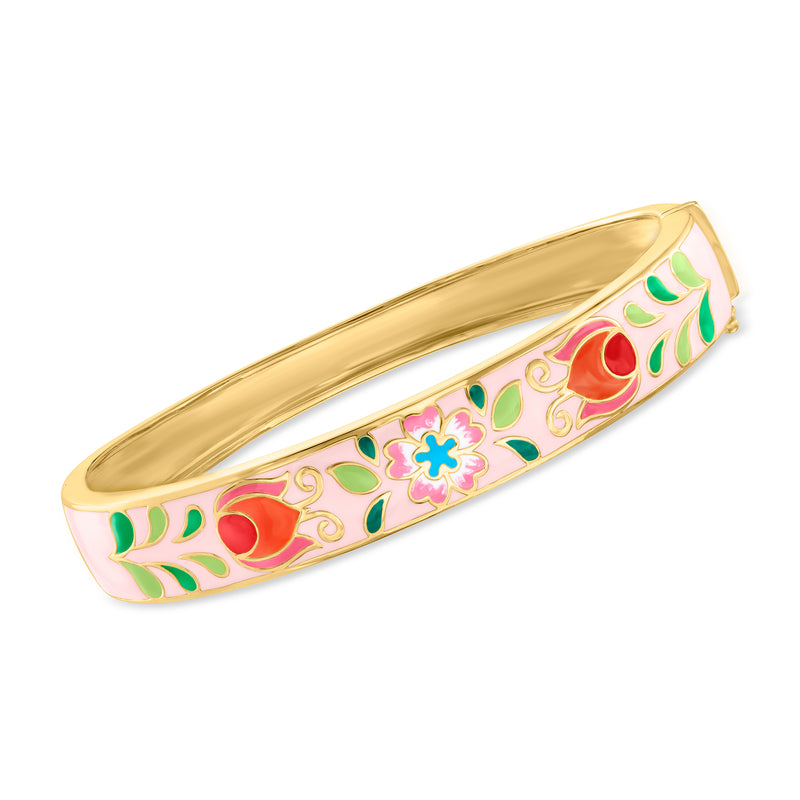 18kt gold over sterling enamel floral bangle with pink and green accents