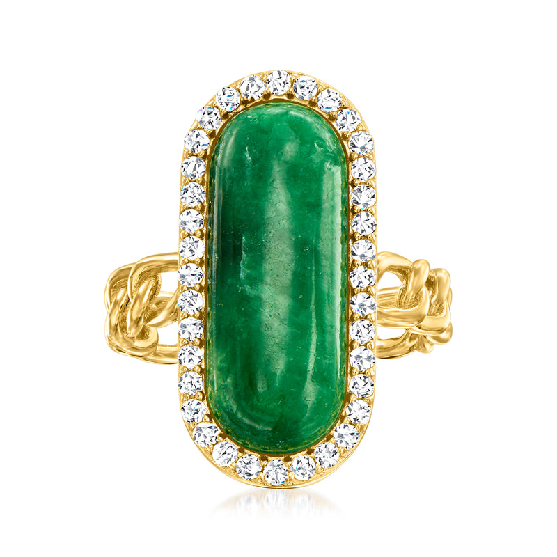 Gold curb-link ring with oval green jade center and diamond-like halo border