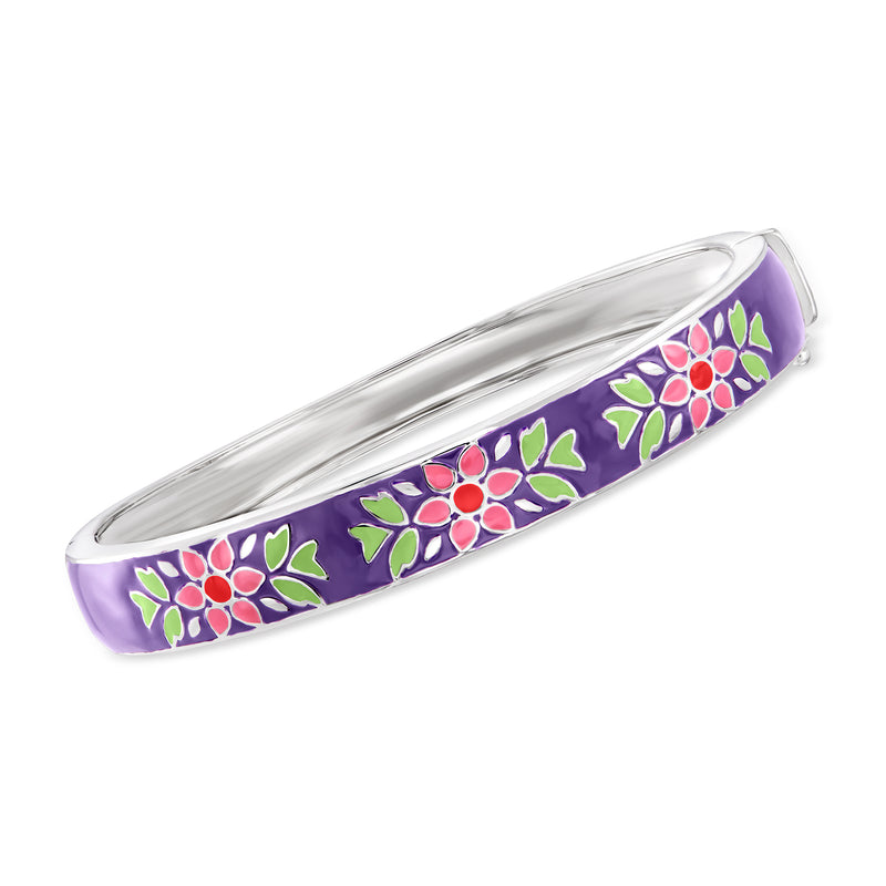 Sterling silver enamel floral bangle bracelet in purple with multicolored blossoms