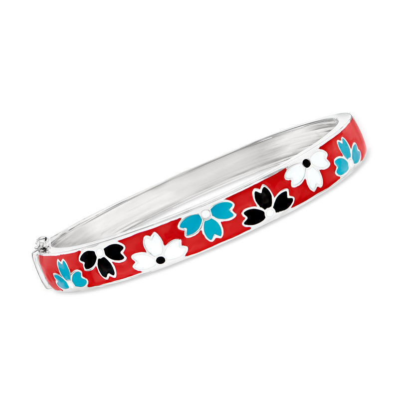 Sterling silver enamel bangle bracelet with red floral and black flower accents