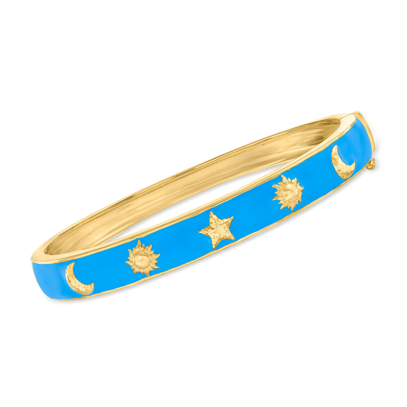 Blue enamel celestial bangle bracelet with gold over sterling, moon and star charms