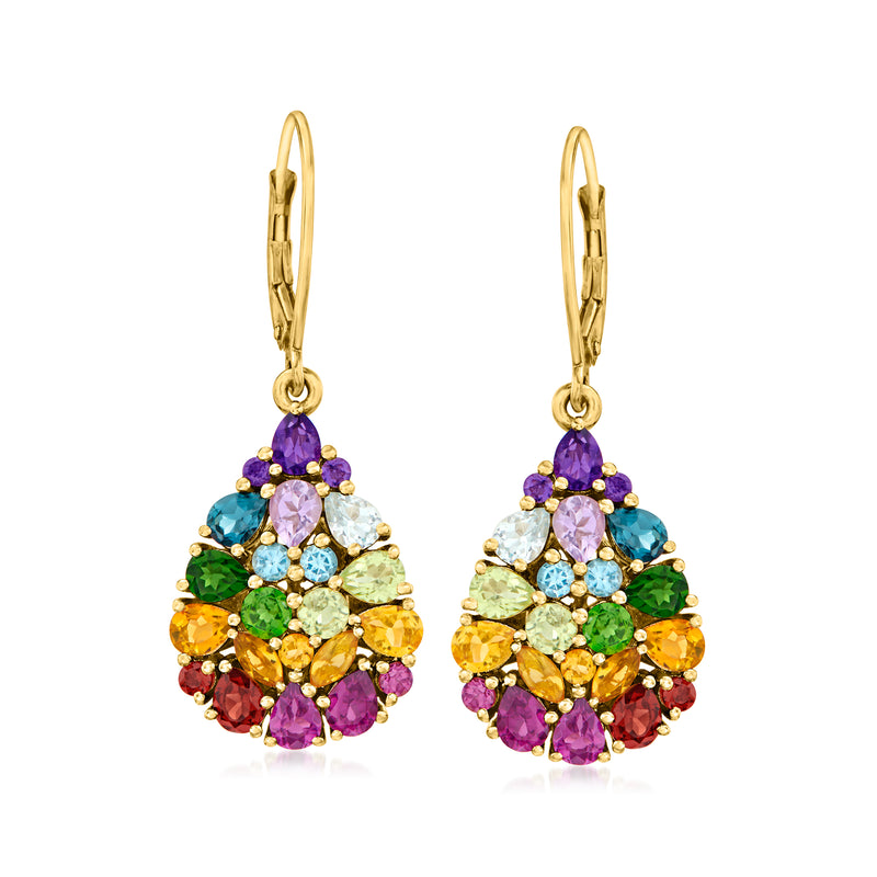 Gold-tone teardrop leverback earrings with multicolor gemstone cluster