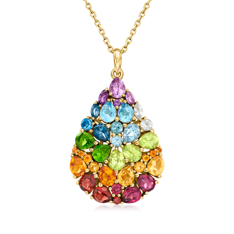 Gold over sterling teardrop pendant necklace with multicolor gemstone clusters and chain