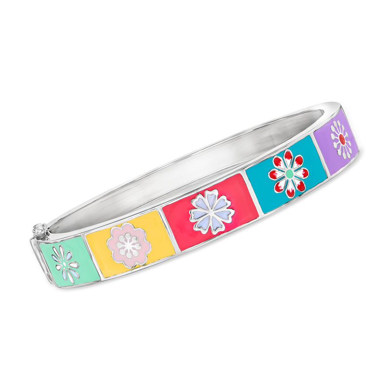 Sterling silver enamel floral patchwork bangle with multicolored square flower inlays