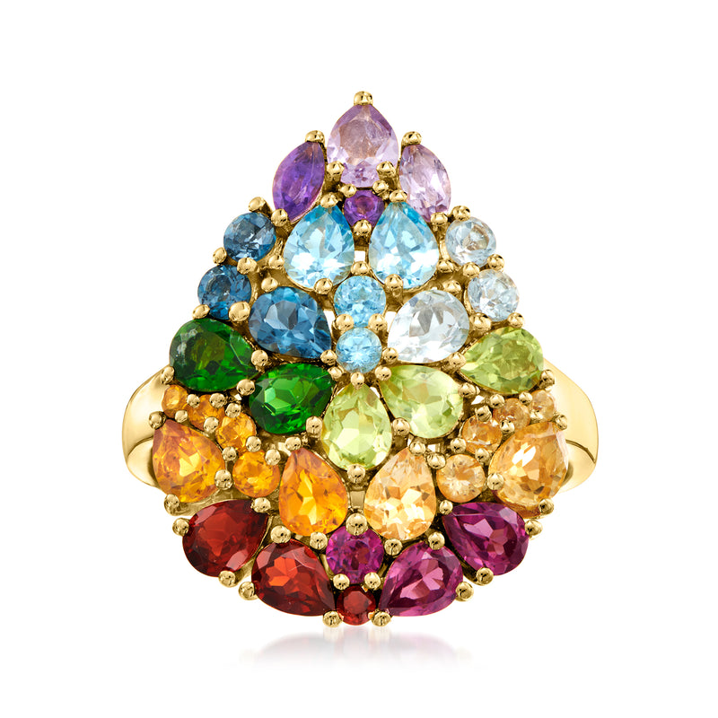 Gold over sterling multi-gem teardrop cluster ring with purple, blue, green, orange stones