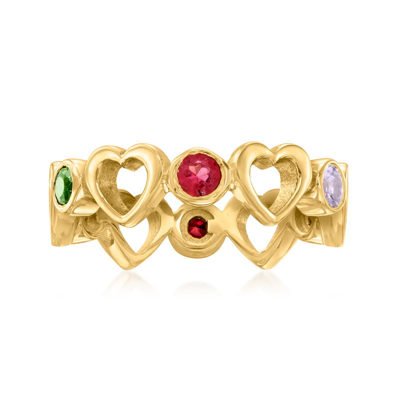Gold heart gemstone ring with red, green, and purple stones; openwork hearts