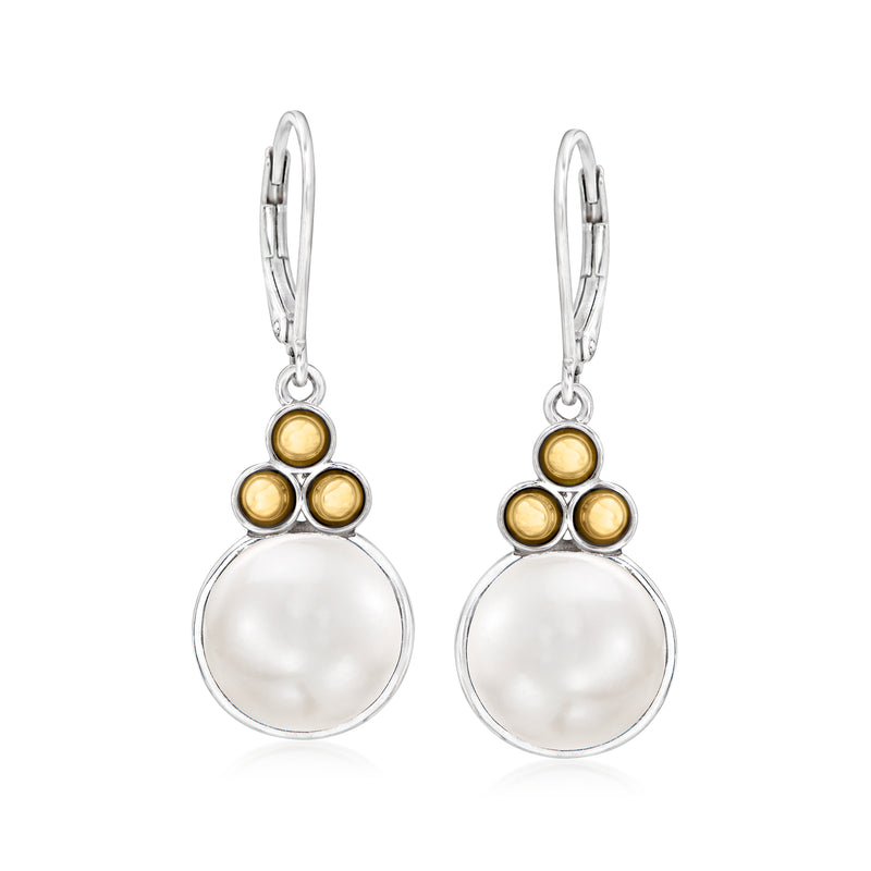 Pearl drop leverback earrings with round cultured pearls and gold button accents