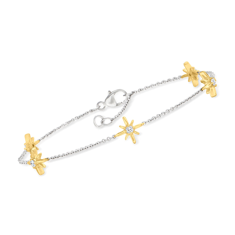 Two-tone 14kt gold diamond station bracelet with starburst and three star accents