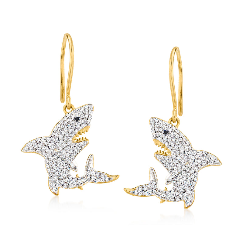 Shark drop earrings with white and black diamonds in gold over sterling
