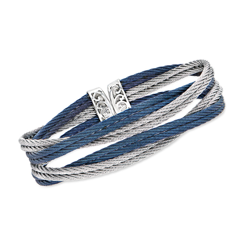 Stainless steel cable cuff bracelet with blue and gray braided cord and engraved clasp