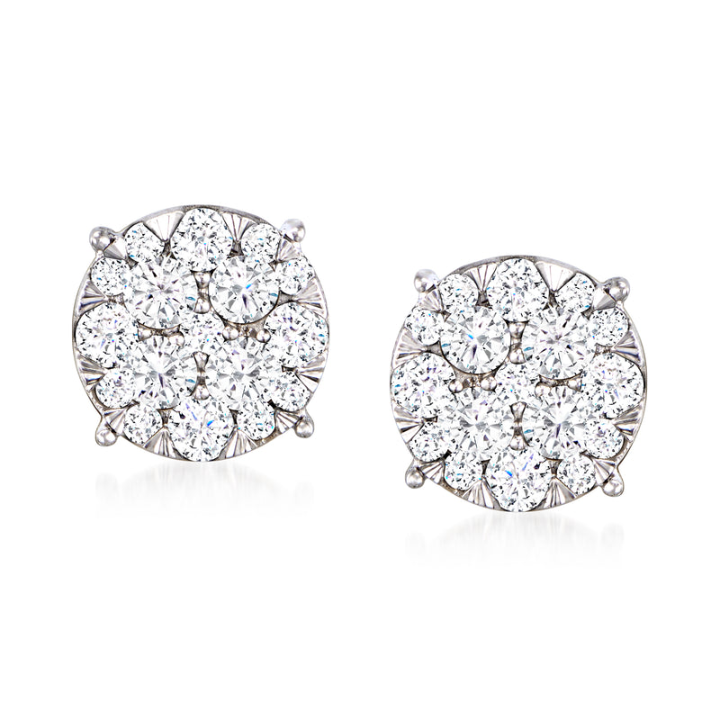 14kt white gold diamond cluster stud earrings with round stones, post backs