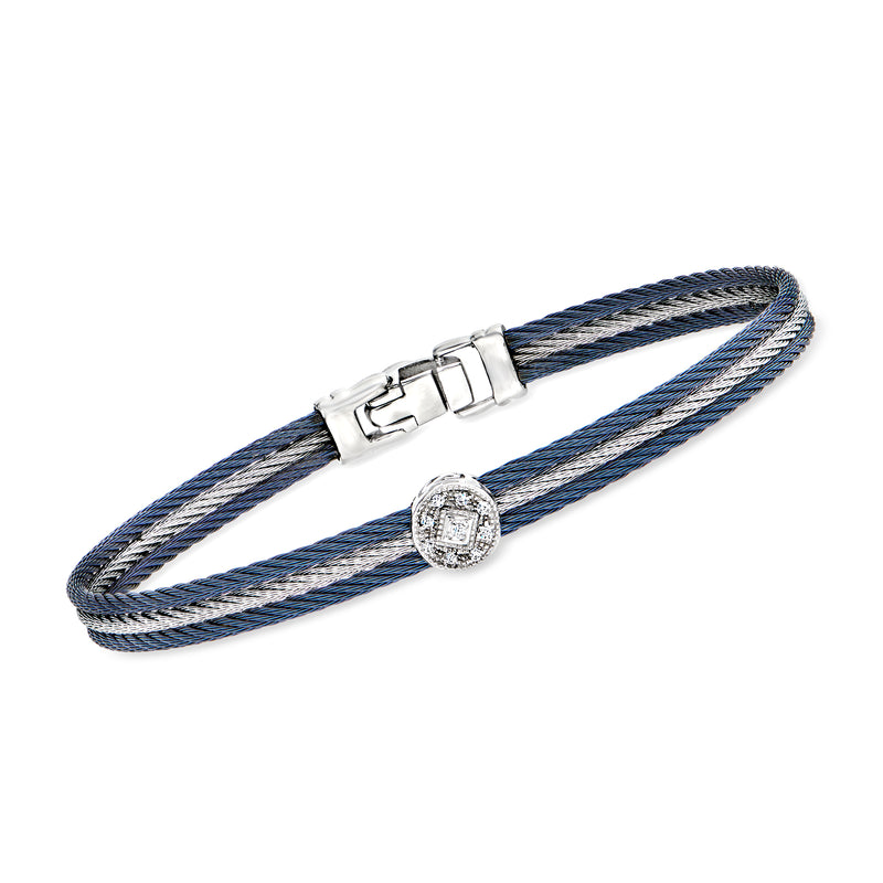 Blue and gray braided cable bracelet with round diamond station and clasp