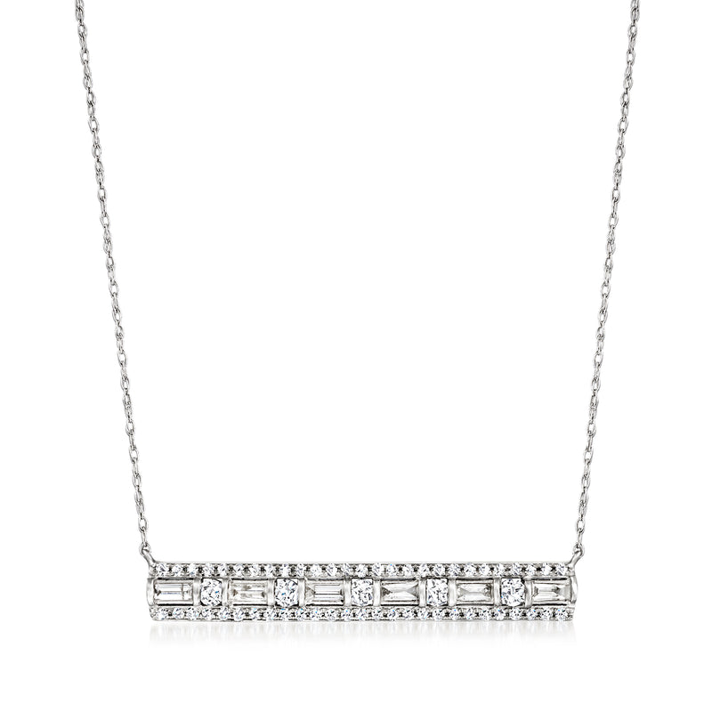 14kt white gold diamond bar necklace with baguette and round stones