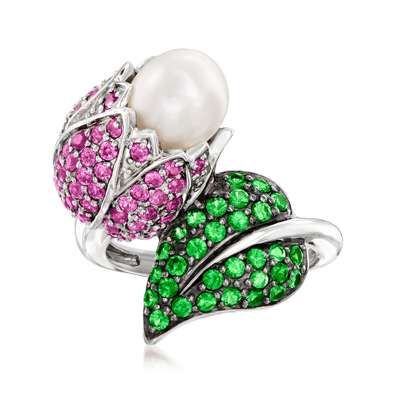 Sterling silver tulip bypass ring with white cultured pearl and pink/green gemstone clusters