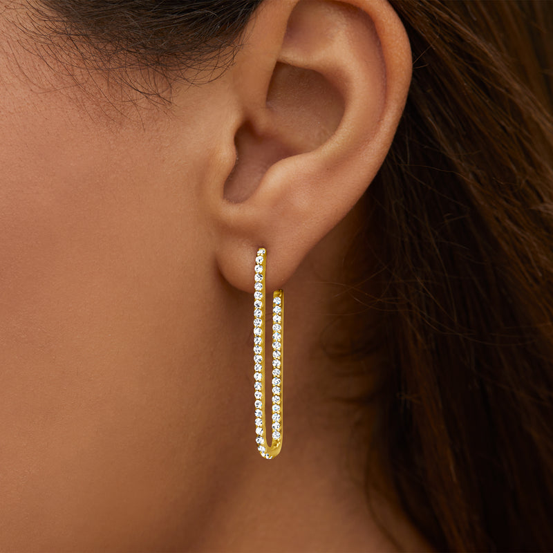 14kt yellow gold inside-out diamond hoop earring, close-up