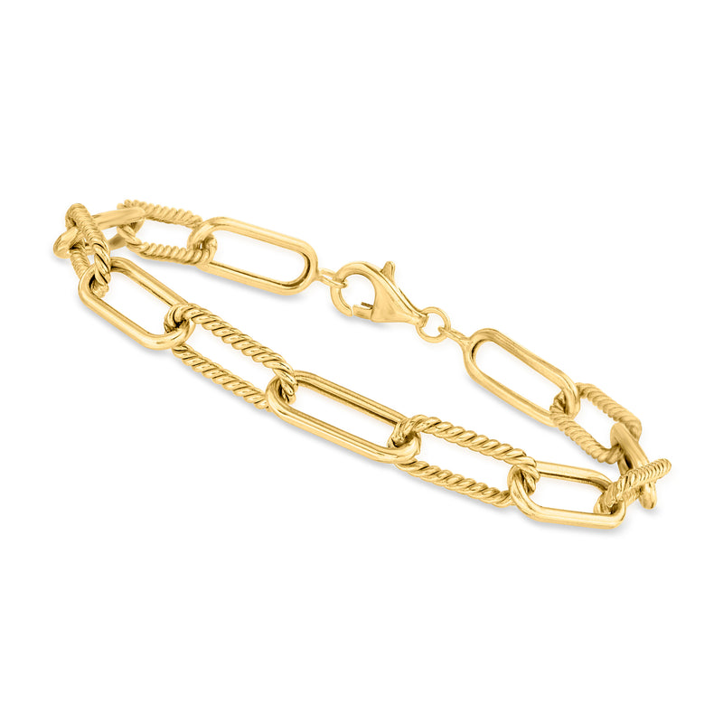 10k yellow gold paper clip link bracelet with interlocking bar and chain links