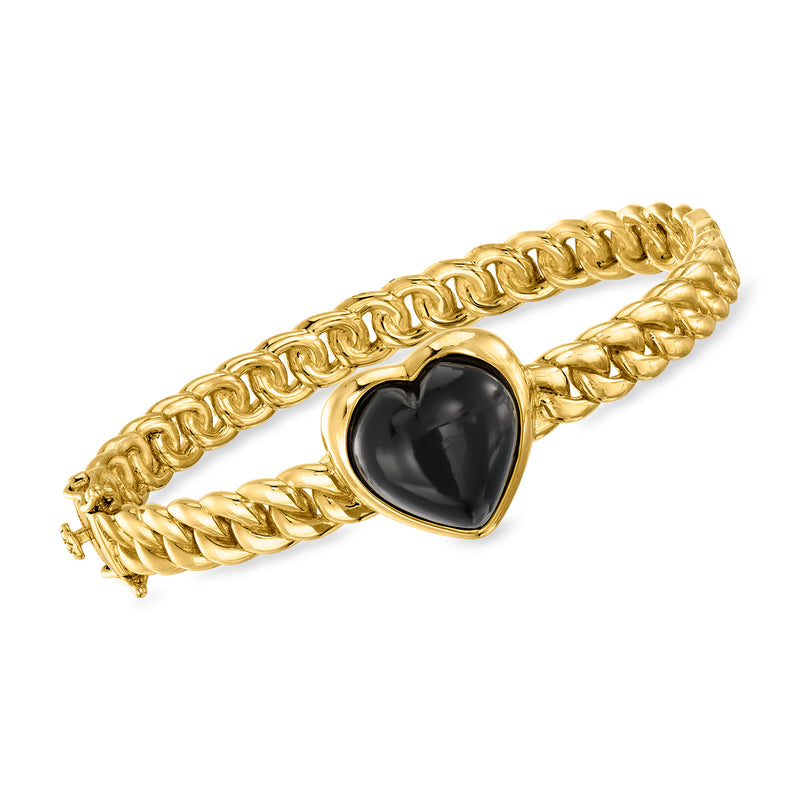 Gold over sterling heart bangle bracelet with black onyx center and bezel